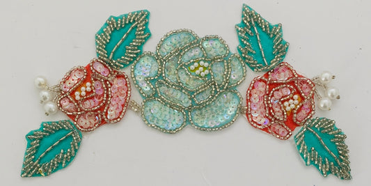 Flower with Pink iridescent sequins and Fabric with Lite and Dark Turquoise and coral 3" x 8"