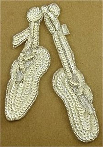 Ballet Slippers White with silver Beads 3" x 7" - Sequinappliques.com