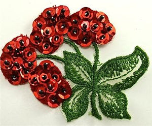 Sequin And Embroidered Cherries with Embroidered Leaves 3' x 2.5"