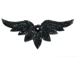 Designer Motif Wing Shaped with Black Beads, Sequins and Rhinestone 7.5"x 3"