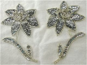 Flower Pair with Silver Sequins and Beads 4.5" x 3"