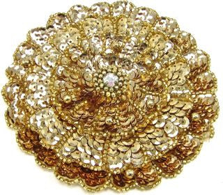 Flower with Three Layers - Gold Sequins, Gold Beads, and a Rhinestone Center 4.5"x 4.5"