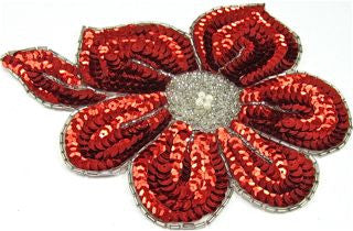 Flower Red Sequins and Beads Pearl Center 7" x 6"
