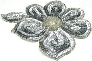 Flower with Silver Sequins and Beads and Pearl Center 7" x 6"