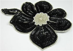 Flower Black Sequins and Silver Beads with Pearl Center 7" x 6"