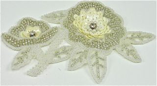 Flower with White and Silver Sequins and Beads with Rhinestones 5" x 4"