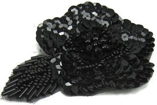 Flower with Black Sequins and Beads 3.5" x 2.5"