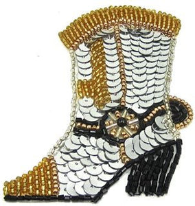 Boot Cowboy with Silver Black Gold Sequins and Beads Small 2.5" x 3.5"