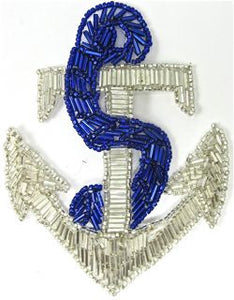 Anchor with Royal Blue and Silver Beads 4.5" x 3.5" - Sequinappliques.com