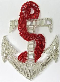 Anchor with Silver and Red Beads 4.5" x 3.5" - Sequinappliques.com