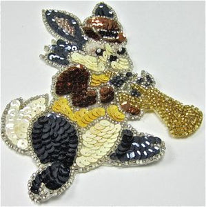 Rabbit with Bowler Hat Playing Horn with Multi Colored Sequins and Beads 5.5" x 4"