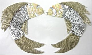 Fish Pair with Silver Sequins and Beads 5" x 4"