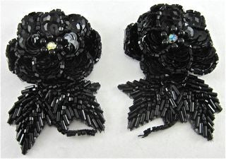 Flower Pair with Raised Black Sequins and AB Rhinestone 3" x 2"
