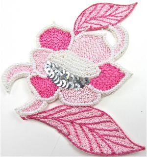 Flower Pink with Silver Sequins and Beads Embroidered 4" x 4"