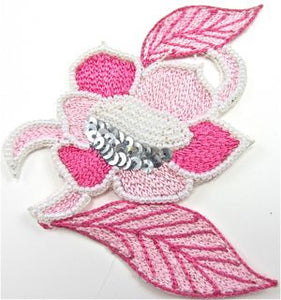 Flower Pink with Silver Sequins and Beads Embroidered 4" x 4"