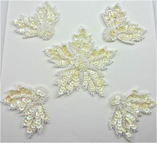Flower - Set of Five with Cream Sequins and Beads Center Flower 4” and the Smaller 4 Leaves are 2”