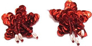 Star Pair with Fringe - Red Sequins with Red and White Beads 1" x 1"