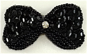 Bow Black Sequins and Beads with Rhinestone 2" x 1"