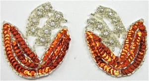 Flower Pair with Orange and Silver Beads and High Quality Rhinestones 2.5" x 3.5"