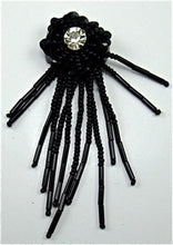 Load image into Gallery viewer, Epaulet Black Beaded Flower with Rhinestone Center 1&quot; x 3.5&quot;