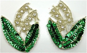 Flower Pair with Emerald Green Sequins and Rhinestones 2.5" x 3.5"
