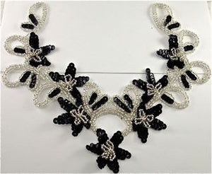 Flower Neckline Made Black Sequins Silver Beads and Rhinestones 10" x 9.5"