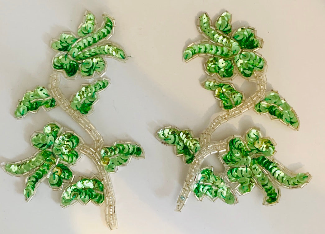 Leaf Pair with Lime Green Sequins and Silver Beads 5.5