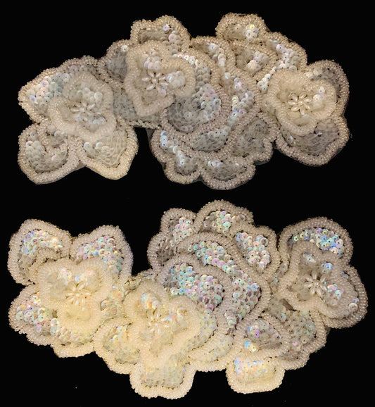 Flower Motif Pair with White and Iridescent Sequins and Beads 10" x 6"