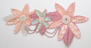 Flower Spray with Three Flowers Pink Mint Pearls Rhinestones 8" x 4"