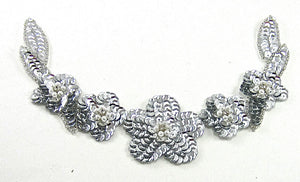 Flower with Silver Sequins Pearls and Rhinestones 8.5" x 4"
