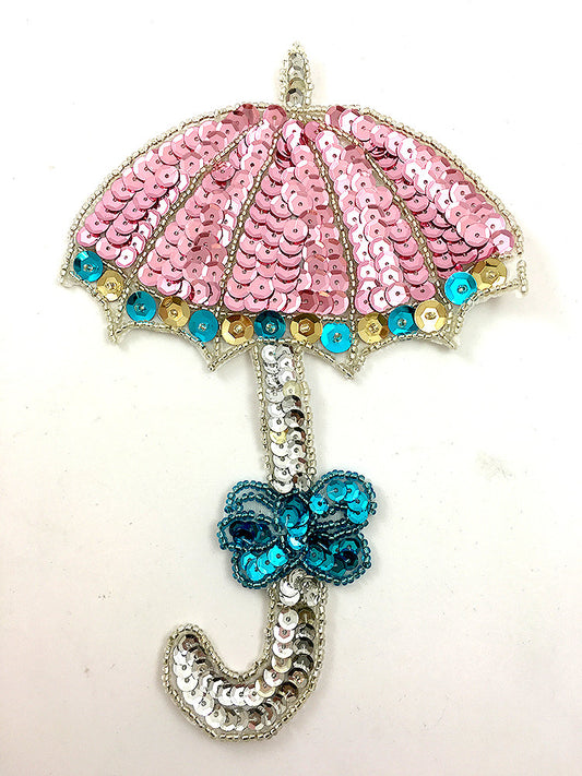 Pink Umbrella with Pink, Turquoise, Gold and Silver Sequins - Silver and Turquoise Beads 7" x 5"