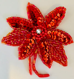 Flower with Red Sequins and Beads and Rhinstones 3" x 2.75"