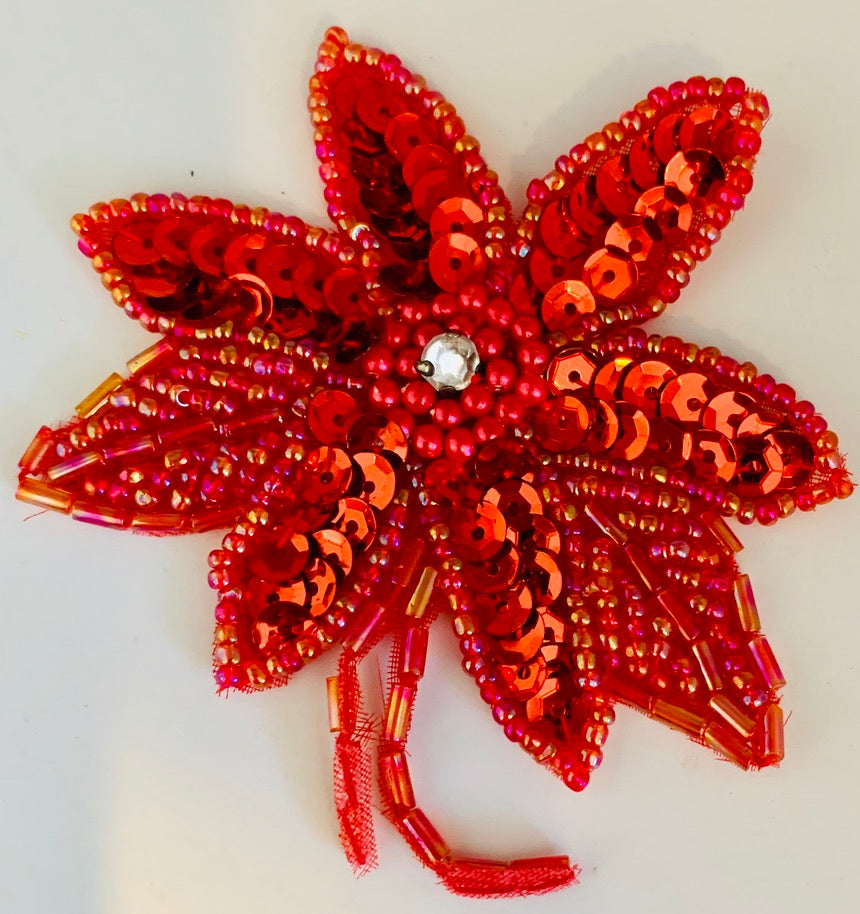 Flower with Red Sequins and Beads and Rhinstones 3