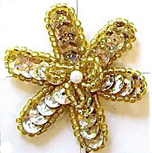 Flower with Gold Sequins and Beads, Middle Pearl 2" x 2"