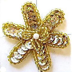 Flower with Dark Gold Sequins and Beads, Middle Pearl 2" x 2"