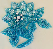 Load image into Gallery viewer, Flower with Teal Colored Sequins and lite Aqua Sequins and Beads 4&quot; x 3.5&quot;