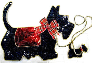 Scottie Dog with Puppy, Sequin Beaded with Ribbon Bow 8"x 10.5"