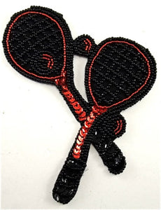 Tennis Racquet Two with Black and Red Sequins and Beads 5" x 4.5"