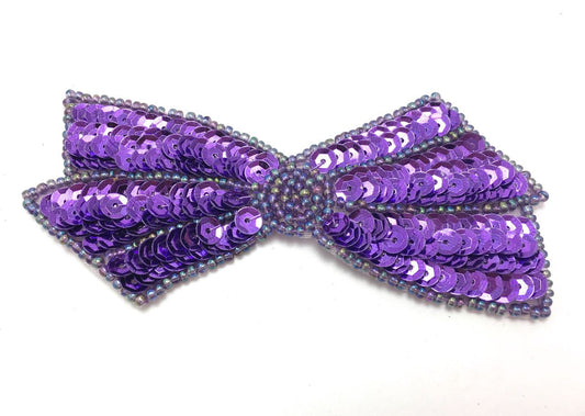 Bow Appliqué with Purple Sequins and Beads 2" x 4"