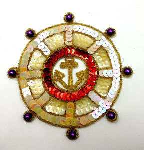 Ships Wheel with Gold Anchor, Cream Sequins and Purple Pearls 5.25"