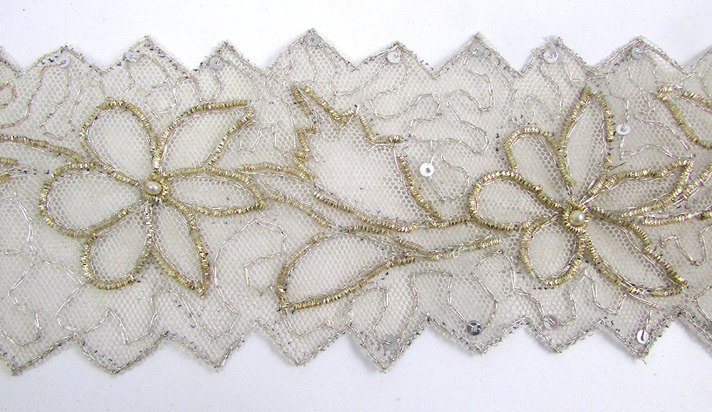 Trim with Bullion Thread Flower Pattern, Sequins and Pearls On Netting 3