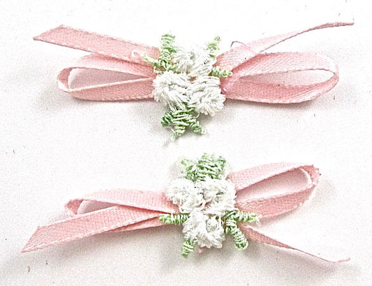 Flower Pink Pair with White and Green Embroidery and Pink Ribbons 2"