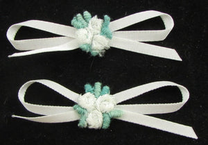 Flower Set of 2 White Green Embroidery with Ribbon Bow 2" x 1"