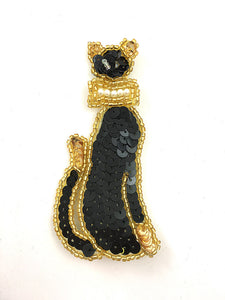 Cat with Black Sequins, Gold Beads and Pearl Inlay Bow 3.75 X 1.75"