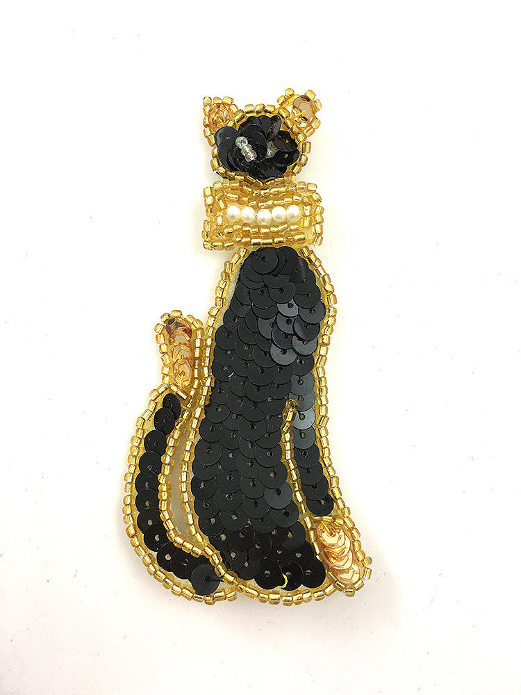 Cat with Black Sequins, Gold Beads and Pearl Inlay Bow 3.75 X 1.75