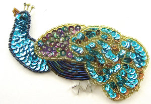 Peacock with MultiColored Turquoise Sequins and Beads 5" x 2.5"