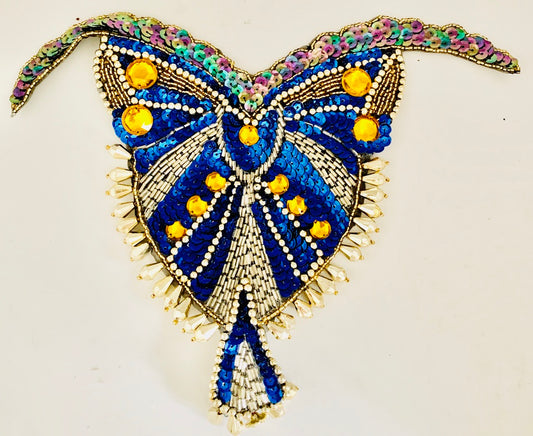 Designer Motif Bodice with Blue Sequins and Gold Beads 10.5" x 9"