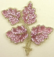 Leaf with Medium Pink Sequins Silver Beads 5" x 4"