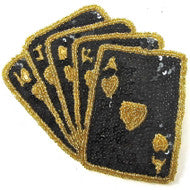 Royal Flush Playing Cards Black Sequins and Gold Beads 5" x 5.5"