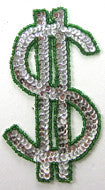 $ Sign, Silver Sequins & Green Beads 5" x 2.7"